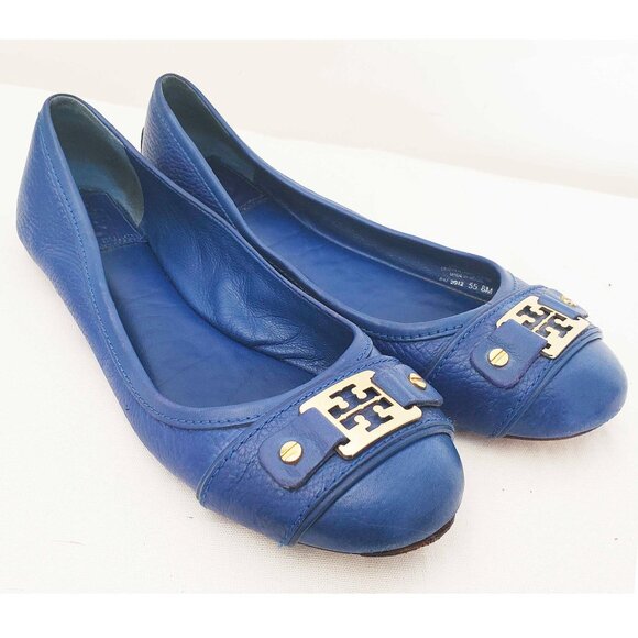 Tory Burch Women's Clines Blue Gold Logo Flats Ballet Flat Shoes 8M - Picture 1 of 11